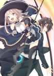  1boy 1girl aqua_eyes armored_skirt back-to-back bangs black_jacket black_legwear black_pants blush breasts brown_hair choker collarplate cover cover_page detached_sleeves eleanor_(kujibiki_tokushou:_musou_harem-ken) eyebrows_visible_through_hair floating_hair frilled_sleeves frills fur_collar grin hat high-waist_skirt highres holding holding_staff holding_sword holding_weapon io_akos jacket kujibiki_tokushou:_musou_harem-ken leaning_forward light_brown_hair long_hair long_sleeves looking_at_viewer luna_lia medium_breasts novel_cover novel_illustration pants petticoat shirt sidelocks skirt sleeveless sleeveless_shirt smile staff sword thigh-highs weapon wide_sleeves witch_hat yuuki_kakeru 