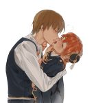  1boy 1girl blush brown_hair bun_cover closed_eyes couple gintama hair_bun hand_on_another&#039;s_chin hands_on_another&#039;s_face heavy_breathing hetero jacket_on_shoulders kagura_(gintama) loli_bushi looking_at_another okita_sougo open_mouth orange_hair red_eyes white_background 