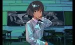  1girl bangs black_hair blue_eyes blush breast_pocket chalkboard classroom clock collared_shirt cowboy_shot dated desk fish hand_up harusameriburo indoors long_sleeves original pocket shirt short_hair smile solo white_shirt 