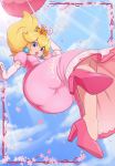  1girl 2019 ass blonde_hair blue_earrings blue_eyes blue_sky breasts commentary crown day dress elbow_gloves floating floating_hair from_below gloves highres lace lace-trimmed_dress lips lipstick long_dress long_hair looking_down makeup super_mario_bros. merunyaa mini_crown nintendo petals pink_dress pink_footwear pink_gloves princess_peach puckered_lips puffy_short_sleeves puffy_sleeves pumps short_sleeves signature sky solo super_mario_bros. super_smash_bros. umbrella upskirt 