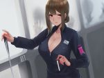  1girl 2others bangs blue_jacket blush breast_pocket breasts brown_hair cleavage collared_jacket hair_bun hayabusa highres holding indoors jacket kachiku_shasei_oneesan_no_shiji_de_iku_kojo_kengaku-kai large_breasts looking_at_viewer mole mole_on_breast mole_under_eye multiple_others name_tag official_art open_mouth original partially_unzipped pocket red_eyes sidelocks solo test_tube upper_body 