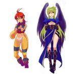  2girls blonde_hair boots breasts breath_of_fire breath_of_fire_ii bridal_gauntlets cat_ears cat_tail cleavage commentary_request dress gloves green_eyes knee_boots long_hair looking_at_viewer multiple_girls nina_(breath_of_fire_ii) nyantiu open_mouth purple_wings rinpoo_chuan short_hair side_slit simple_background tail white_background wings 