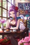  1girl alternate_costume alternate_hairstyle box_(hotpppink) breasts cake cat china_dress chinese_clothes cleavage cleavage_cutout commentary_request dress fate/grand_order fate/stay_night fate_(series) food glasses hair_bun highres long_hair looking_at_viewer medium_breasts pantyhose purple_hair rider sitting solo_focus updo violet_eyes 