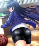  1girl ass bangs basketball bike_shorts black_hair black_shorts blue_jacket blush eyebrows_visible_through_hair floating_hair gym hair_ribbon indoors isokaze_(kantai_collection) jacket kantai_collection long_hair long_sleeves looking_afar open_mouth red_eyes ribbon shirt shorts solo tress_ribbon white_shirt zanntetu 