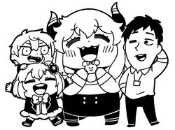  2boys 2girls :d ahoge animal_band_legwear bangs bkub blazer blush bow bowtie cat_band_legwear closed_eyes collared_shirt commentary constricted_pupils dola_(nijisanji) dot_nose dragon_girl dragon_horns earrings eyebrows_visible_through_hair fangs flower full_body greyscale hair_between_eyes hair_flower hair_ornament hand_behind_head hand_in_pocket hands_on_another&#039;s_head holding_toy honma_himawari horns id_card jacket jewelry kuzuha_(nijisanji) lanyard long_hair long_sleeves monochrome multiple_boys multiple_girls nijisanji one_eye_closed open_mouth pantyhose pencil_skirt school_uniform shirt shoes short_hair simple_background skirt smile standing stuffed_animal stuffed_toy sunflower_hair_ornament sweater teddy_bear thigh-highs upper_teeth v-shaped_eyebrows virtual_youtuber white_background wing_collar yashiro_kizuku 