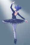  1girl adapted_costume ahoge alternate_hair_length alternate_hairstyle arm_up back backless_dress backless_outfit ballerina ballet_slippers blue_eyes blue_hair chaesu commentary dancing dress english_commentary full_body hairband highres looking_to_the_side orie_(under_night_in-birth) pantyhose plantar_flexion solo tiptoes tutu under_night_in-birth updo white_hairband white_legwear 