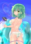  1girl ass bangs bare_shoulders bikini black_headwear blue_sky blush breasts butt_crack chaha clouds commentary_request cowboy_shot day green_bikini green_eyes green_hair hair_between_eyes halterneck hat hat_removed hat_ribbon headwear_removed heart heart_of_string highres holding innertube komeiji_koishi large_breasts lens_flare looking_at_viewer mini_hat outdoors parted_lips ribbon short_hair side-tie_bikini sky solo standing striped striped_bikini swimsuit thighs third_eye touhou wet white_bikini yellow_ribbon 