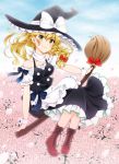  1girl apron black_headwear blonde_hair boots bow braid breasts broom broom_riding brown_footwear cherry_blossoms clouds cloudy_sky cross-laced_footwear day eyebrows_visible_through_hair flying frills full_body hair_ribbon hat hat_bow highres kirisame_marisa long_hair looking_at_viewer maid_apron medium_breasts off_shoulder petals ribbon short_sleeves side_braid skirt skirt_set sky smile solo touhou tress_ribbon vest witch_hat wrist_cuffs yellow_eyes yuricyan 