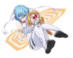  1girl ayanami_rei bandage bandaged_arm bandages bare_shoulders bibi blue_hair bodysuit breasts commentary_request eyebrows_visible_through_hair full_body hair_between_eyes hair_ornament hairband highres holding looking_at_viewer neon_genesis_evangelion plugsuit red_eyes robot short_hair solo 