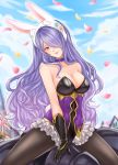  1girl akina_(akn_646) animal_ears bare_shoulders breasts bunny_girl bunny_tail bunnysuit camilla_(fire_emblem_if) cleavage detached_collar fake_animal_ears fire_emblem fire_emblem_heroes fire_emblem_if fishnet_pantyhose fishnets hair_over_one_eye highres large_breasts leotard long_hair looking_at_viewer nintendo pantyhose purple_hair rabbit_ears simple_background smile solo tail tiara very_long_hair violet_eyes wavy_hair 
