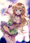  1girl blonde_hair blurry blurry_background breasts choker cleavage eyebrows_visible_through_hair fingerless_gloves fishnet_legwear fishnets floating_hair gloves green_eyes green_hair hair_ornament hoshii_miki idolmaster idolmaster_(classic) jewelry leaning_forward long_hair looking_at_viewer medium_breasts midriff miniskirt multicolored multicolored_clothes multicolored_hair multicolored_skirt navel necklace pleated_skirt purple_gloves single_thighhigh skirt solo standing stomach thigh-highs two-tone_hair very_long_hair vesper_(pixiv3568) w 
