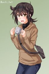  1girl alternate_costume anti_(untea9) bag black_hair black_hairband blush brown_eyes brown_sweater commentary_request cup denim drawstring gradient gradient_background green_background hair_flaps hairband hatsuzuki_(kantai_collection) highres hood hooded_sweater hoodie jeans kantai_collection looking_at_viewer mug pants reiwa short_hair solo standing sweatdrop sweater twitter_username 