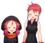  &gt;_&lt; 2girls :d bare_arms bare_shoulders black_jacket blush breasts commentary_request covered_navel facing_viewer forehead height_difference hood jacket kemurikusa low_twintails medium_breasts multiple_girls open_mouth ponytail red_scarf redhead riku_(kemurikusa) ryou_(kemurikusa) scarf sharp_teeth short_hair siblings sidelocks simple_background sisters sleeveless smile teeth twintails upper_body white_background z.o.b 