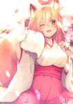  1girl ;d animal_ear_fluff animal_ears bangs blonde_hair blurry blurry_background blush breasts bright_pupils chita_(ketchup) commentary_request cowboy_shot depth_of_field fangs fox_ears fox_girl fox_tail hair_between_eyes hakama hand_on_own_chest highres japanese_clothes kimono long_hair long_sleeves looking_at_viewer medium_breasts miko multicolored multicolored_eyes one_eye_closed open_mouth original pink_hakama red_eyes signature smile solo tail tareme thick_eyebrows white_kimono wide_sleeves yellow_eyes 