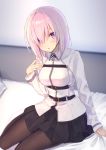  1girl bangs bed belt black_skirt breasts brown_legwear chaldea_uniform collared_shirt fate/grand_order fate_(series) hair_over_one_eye hand_up large_breasts lavender_hair long_sleeves looking_at_viewer mash_kyrielight miniskirt on_bed pantyhose parted_lips pillow pleated_skirt rimo shirt short_hair sitting skirt solo uniform violet_eyes white_shirt yokozuwari 
