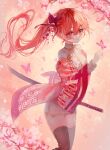  1girl branch butterfly cherry_blossoms cute flower katana kneehighs looking_at_another original ponytail red_eyes red_hair sakura scenery solo solo_focus sword uniform very_long_hair wallpaper yellow_background yukata 