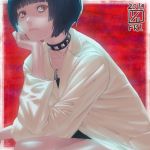  1girl bangs black_hair blue_hair brown_eyes choker collar collarbone highres ikeda_(cpt) jewelry labcoat looking_at_viewer nail_polish necklace persona persona_5 short_hair sitting solo takemi_tae 