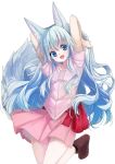  1girl :d animal_ear_fluff animal_ears blue_eyes fangs fox_ears fox_girl fox_tail holding holding_hair light_blue_hair long_hair open_mouth original pink_shirt pink_skirt pleated_skirt sash shirt short_sleeves simple_background skirt smile tail very_long_hair waichi white_background 