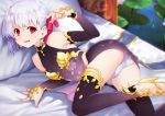  1girl ass bangs bare_shoulders blush breasts detached_sleeves dress earrings fate/grand_order fate_(series) hair_ribbon highres jewelry kama_(fate/grand_order) kazuma_muramasa looking_at_viewer lying parted_lips red_eyes ribbon short_hair silver_hair small_breasts smile solo thigh-highs thighs 
