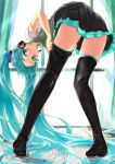  1girl aqua_eyes aqua_hair black_legwear blue_hair blue_neckwear blush breasts daidou_(demitasse) eyelashes from_behind green_shirt hatsune_miku headset legs_apart long_hair looking_at_viewer necktie shirt skirt sleeves small_breasts solo standing twintails very_long_hair vocaloid 