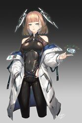  :p aqua_eyes baggy_clothes bangs black_bodysuit black_leotard black_pants blunt_bangs bob_cut bodysuit breasts brown_hair choker coat collarbone covered_navel cropped_legs diamond_(gemstone) earrings eyebrows_visible_through_hair glint gradient gradient_background hand_in_pocket hand_up headgear highres jewelry large_breasts leotard looking_at_viewer off_shoulder open_clothes open_coat open_mouth original pants partial_bodysuit shirousagi_uyu shoulder_cutout sidelocks signature simple_background skin_tight smile snap-fit_buckle tongue tongue_out white_coat 