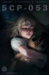  1girl 2019 absurdres ars_lee blonde_hair character_doll child closed_eyes doll_hug english_text highres lips nightgown nose realistic scp-053 scp-173 scp_foundation short_hair signature solo 