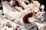  1girl blonde_hair blurry blurry_background braid dark_background detached_sleeves falia_the_queen_of_the_mountains flower grey_eyes headpiece highres long_hair pixiv_fantasia pixiv_fantasia_last_saga pointy_ears skade solo standing sword twin_braids very_long_hair weapon white_flower 