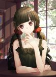  1girl bangs black_hair closed_mouth dangan_ronpa hair_ornament harukawa_maki highres long_hair looking_to_the_side low_twintails mole mole_under_eye new_dangan_ronpa_v3 red_eyes red_scrunchie scrunchie solo ssumbi twintails very_long_hair 