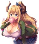  1girl blonde_hair blue_eyes breasts bubble_blowing chewing_gum cleavage draph granblue_fantasy horns huge_breasts jewelry leaning_forward magister_(medical_whiskey) necklace plaid plaid_skirt pointy_ears ponytail rastina school_uniform skirt white_background 