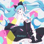  1girl aqua_eyes aqua_hair blush dress gloves hair_ornament hair_ribbon hatsune_miku long_hair ribbon signature smile solo twintails vocaloid yume_ou 