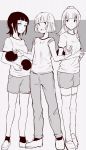  3girls ball bandage bangs blunt_bangs commentary_request d: girl_sandwich greyscale gym_shirt gym_shorts gym_uniform harasunosioyaki highres holding holding_ball holding_paddle kayo_(watashi_ga_motenai_no_wa_dou_kangaetemo_omaera_ga_warui!) light_frown miyazaki_(watashi_ga_motenai_no_wa_dou_kangaetemo_omaera_ga_warui!) monochrome multiple_girls open_mouth paddle pants ponytail sandwiched shirt shoes short_hair short_sleeves shorts sleeves_rolled_up socks table_tennis_ball table_tennis_paddle thigh-highs track_pants uchi_emiri watashi_ga_motenai_no_wa_dou_kangaetemo_omaera_ga_warui! zettai_ryouiki 