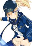  1girl absurdres artoria_pendragon_(all) baseball_cap blonde_hair blue_buruma blue_eyes blue_headwear blue_jacket blue_legwear blue_scarf burning_eye buruma character_name cowboy_shot excalibur fate/grand_order fate_(series) floating_hair gym_uniform hair_between_eyes hat highres holding holding_sword holding_weapon jacket long_hair long_sleeves looking_at_viewer mysterious_heroine_x open_clothes open_jacket ponytail scarf shiny shiny_clothes shirt simple_background smile solo sword tapioka_(oekakitapioka) thigh-highs weapon white_background white_shirt 