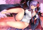  bare_shoulders barefoot bat_wings bb_(fate)_(all) bb_(swimsuit_mooncancer)_(fate) black_coat breasts coat fate/grand_order fate_(series) feet gloves hair_ribbon hip_focus ishigami_kazui knee_up large_breasts legs leotard long_hair neck_ribbon open_clothes open_coat popped_collar purple_hair red_ribbon ribbon smile thighs tongue tongue_out vampire_costume very_long_hair violet_eyes white_gloves white_leotard wide_sleeves wings 