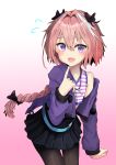  1boy absurdres astolfo_(fate) black_bow black_legwear black_skirt blue_eyes blush bow commentary_request eyebrows_visible_through_hair fang fate/apocrypha fate/grand_order fate_(series) hair_between_eyes hair_bow highres jacket jtleeklm long_sleeves looking_at_viewer off_shoulder otoko_no_ko pantyhose pink_hair pleated_skirt pointing pointing_at_self ponytail purple_jacket shirt simple_background skirt solo striped striped_shirt 
