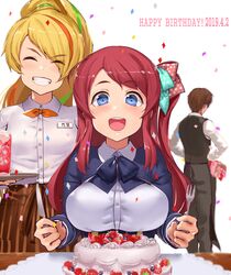  1boy 2girls apron birthday_cake blonde_hair blue_eyes blueberry blush bouquet bow bowtie breasts cake closed_eyes confetti dated drink eyebrows_visible_through_hair eyes_visible_through_hair facing_away flower food fork fruit glass green_hair grin ice jacket jyon knife large_breasts minamoto_sakura multicolored_hair multiple_girls name_tag nikaidou_saki orange_hair polka_dot polka_dot_bow redhead ribbon school_uniform side_ponytail skirt smile strawberry streaked_hair sunglasses table tatsumi_koutarou tray vest waitress zombie_land_saga 