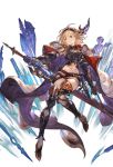  1girl armor bangs belt blonde_hair blush breastplate breasts brown_eyes cleavage cleavage_cutout cloak djeeta_(granblue_fantasy) djeeta_(granblue_fantasy)_(conqueror_of_the_eternals) earrings elbow_gloves floating_hair full_body gauntlets gloves glowing granblue_fantasy greatsword greaves groin hair_ornament head_tilt high_heels jewelry leg_up looking_at_viewer medium_breasts minaba_hideo multiple_belts navel official_art red_shorts running sapphire_(gemstone) sheath short_hair short_shorts shorts shoulder_armor solo stomach sword transparent_background weapon white_cloak wind wind_lift 