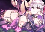  1girl 92m bangs bare_shoulders breasts closed_mouth detached_sleeves fate/grand_order fate_(series) flower hair_between_eyes hair_ribbon halterneck hip_focus jewelry kama_(fate/grand_order) large_breasts lily_pad long_hair looking_at_viewer lying petals purple_legwear red_eyes ribbon ring silver_hair solo thigh-highs thighs weapon 