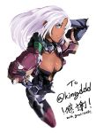  1girl armor blue_eyes bodysuit boots bra breasts dark_skin elma_(xenoblade_x) gloves hair_ornament highres long_hair looking_at_viewer nintendo o_sho simple_background solo underwear weapon white_hair xenoblade_(series) xenoblade_2 xenoblade_chronicles_x 