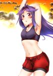  1girl ahoge alternate_costume armpits arms_up ayukan. blush breasts cleavage cowboy_shot groin highres long_hair navel open_mouth purple_hair red_eyes shorts small_breasts solo sports_bra stretch sword_art_online yuuki_(sao) 