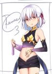  1girl artist_name bangs bare_shoulders blush breasts commentary_request detached_sleeves dress earrings eyebrows_visible_through_hair fate/grand_order fate_(series) hair_between_eyes hair_ribbon highres holding jewelry kama_(fate/grand_order) kaname_(melaninusa09) looking_at_viewer navel purple_dress red_eyes red_ribbon ribbon ring see-through short_hair silver_hair simple_background sleeveless smile solo tongue tongue_out white_background 