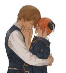  1boy 1girl blush brown_hair bun_cover closed_eyes couple gintama hair_bun hands_on_another&#039;s_face happy hetero hug jacket_on_shoulders kagura_(gintama) laughing loli_bushi okita_sougo open_mouth orange_hair smile white_background 