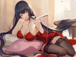  1girl absurdres alcohol armpit_peek azur_lane black_hair black_legwear breasts choker cleavage cubies_(tiger_205) cup dress drinking_glass full_body highres lace lace-trimmed_legwear large_breasts long_hair lying on_side open_mouth pillow pouring red_dress red_eyes red_wine sleeveless sleeveless_dress solo spaghetti_strap spilling straight_hair table taihou_(azur_lane) taihou_(forbidden_feast)_(azur_lane) thigh-highs thighs very_long_hair wine wine_glass 