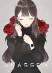  1girl bangs black_sweater brown_hair closed_eyes commentary earrings english_commentary facing_viewer flower grey_background hands_up highres jewelry klasse14 long_hair long_sleeves original parted_lips red_flower red_rose ribbed_sweater rose shii_(kairi-t-k0317) simple_background solo sweater turtleneck turtleneck_sweater upper_body watch watch 