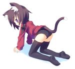  1girl all_fours animal_ear_fluff animal_ears black_legwear braid brown_hair buruma cat_ears cat_girl cat_tail commentary_request meito_(maze) no_shoes original partial_commentary solo tail thigh-highs violet_eyes white_background 