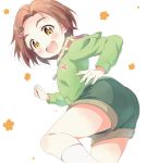  1girl blush brown_eyes brown_hair green_shirt green_shorts hair_ornament hairclip idolmaster idolmaster_cinderella_girls kneehighs looking_at_viewer open_mouth ryuuzaki_kaoru shirt short_hair shorts simple_background smile solo standing standing_on_one_leg toma_(shinozaki) white_background white_legwear zipper 