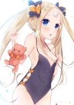  1girl abigail_williams_(fate/grand_order) alternate_costume bangs bare_shoulders black_bow blonde_hair blue_eyes blush bow bowtie breasts collarbone commentary_request cowboy_shot crossed_bandaids eyebrows_visible_through_hair fate/grand_order fate_(series) forehead hair_between_eyes hair_ornament highleg highleg_leotard highres ko_yu leotard leotard_pull long_hair looking_at_viewer open_mouth orange_bow parted_bangs polka_dot polka_dot_bow small_breasts solo standing stuffed_animal stuffed_toy teddy_bear twintails very_long_hair 