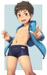  1boy :d absurdres beater blush brown_hair collarbone hands_up highres hood hoodie looking_at_viewer male_focus male_swimwear navel nipples open_clothes open_mouth orange_eyes original outside_border shiny shiny_clothes smile solo spiky_hair standing swim_briefs swimwear unzipped w 