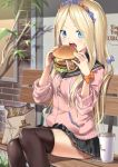  1girl abigail_williams_(fate/grand_order) bag bangs bench black_sailor_collar black_skirt blonde_hair blue_eyes blush bow brown_legwear commentary_request cup disposable_cup dress drinking_straw eyebrows_visible_through_hair fast_food fate/grand_order fate_(series) food forehead french_fries hair_bow hamburger holding holding_food long_hair looking_at_viewer on_bench open_mouth orange_bow outdoors paper_bag park_bench parted_bangs pink_cardigan pleated_skirt purple_bow sailor_collar school_uniform serafuku signature sitting skirt solo thigh-highs tyone very_long_hair 