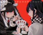  black_hair bonnet card celestia_ludenberck checkered checkered_scarf commentary dangan_ronpa dangan_ronpa_1 drill_hair english_commentary english_text gothic_lolita lolita_fashion long_hair nail_polish necktie new_dangan_ronpa_v3 ouma_kokichi overine19 playing_card purple_hair red_background red_eyes scarf simple_background straitjacket tongue tongue_out twin_drills violet_eyes 