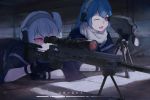  2girls absurdres black_gloves black_jacket blue_hair commentary eyebrows_visible_through_hair fei_mao gloves gun hair_between_eyes headphones highres huge_filesize jacket long_hair lying multiple_girls on_stomach one_eye_closed red_eyes rifle scarf scope short_hair sniper_rifle translation_request weapon white_hair white_scarf 
